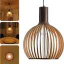 Wood Pendant Light, E26 Base Weaving Hanging Lamp, Natural Wooden Hand Made Chandelier, Boho Height Adjustable Dining Table Hanging Lamp for Hotel Bar Caf Kitchen Island Hallway Entryway (Black)