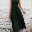 Women's Sleeveless Tie Waist Maxi Dress, Ruched Crew Neck Flowy A-Line Dress for Wedding Guest Vacation Casual Wear (Green,Large)
