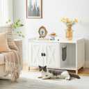 Cat Litter Box Enclosure, Hidden Litter Box Furniture with Divider, Indoor Cat House, Wooden Cat Washroom Storage Cabinet Bench, Side End Table Nightstand, White CWWT2501