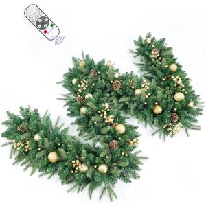 9FT Pre-Lit Artificial Christmas Garland with Dual Color LED Lights and Timer by Remote Control and Batteries Operated, Holiday Decorations, for Indoor Door Home Stairs Fireplaces Wall, Green Gold 9FT