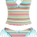 ZAFUL Women's Tankini Set V Neck Tummy Control Floral Printed Tie Side Thong Bikini Swimsuits 2 Piece Bathing Suits, L