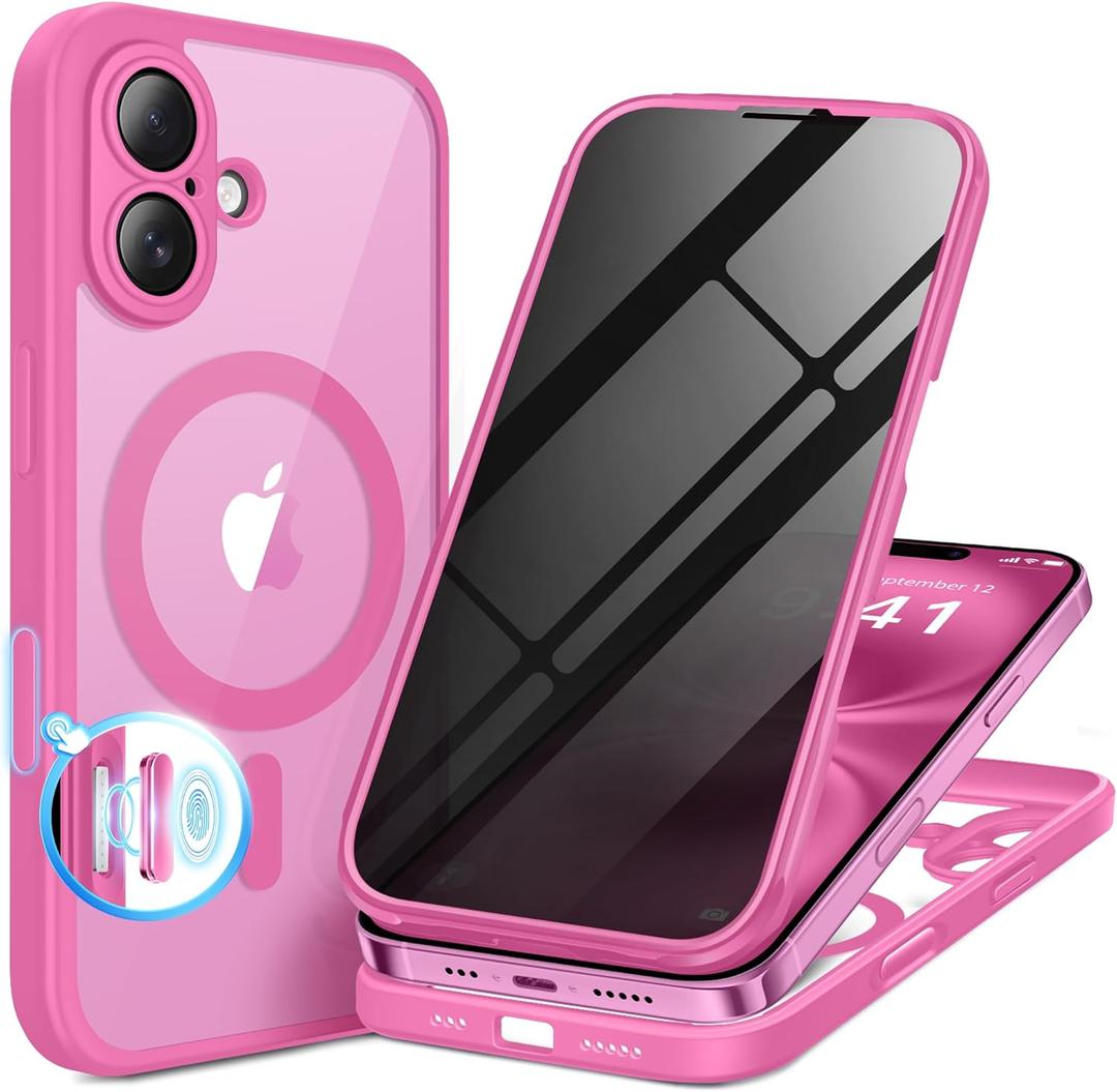 BERFY for iPhone 16 Plus Case, Compatible with MagSafe, Built-in Privacy Screen Protector and Camera Protection, Anti-Spy Full Body Shockproof Clear Phone Case for 16 Plus 6.7", Peony