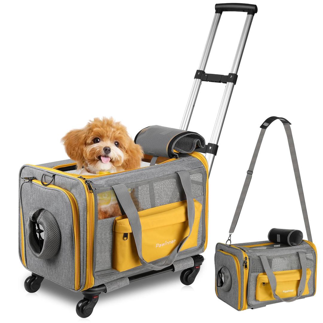Pawinner Pet Carrier with Wheels, 17.7" x 13" x 13" Airline Approved Cat Carrier for Pets up to 20lbs, Newly Designed Rolling Travel Bag with Telescopic Handle, for Small Dogs and All-Breed Cats