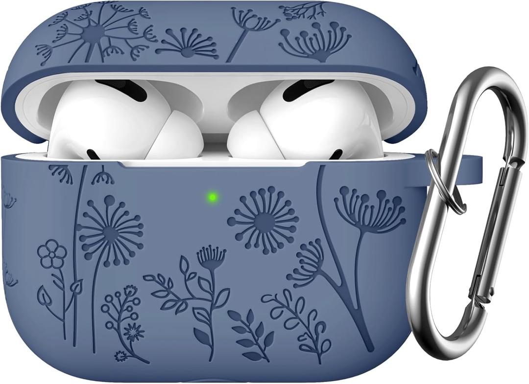 Lerobo Compatible with Apple Airpods Pro 2nd 1st Generation Case Cute Flower Engraved Cover Soft Silicone Skin Cover Full Protective Case for AirPod Pro/Pro 2 Case USB C, Front LED Visible, Blue Gray