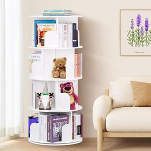2025 New 4 Tier Rotating Bookshelf kids, Small Corner Bookshelf for Small Space, 360 Display Floor Standing Bookcase Storage Rack, Wood Narrow Book Shelf Organizer for Home Office,Bedroom, Living Room