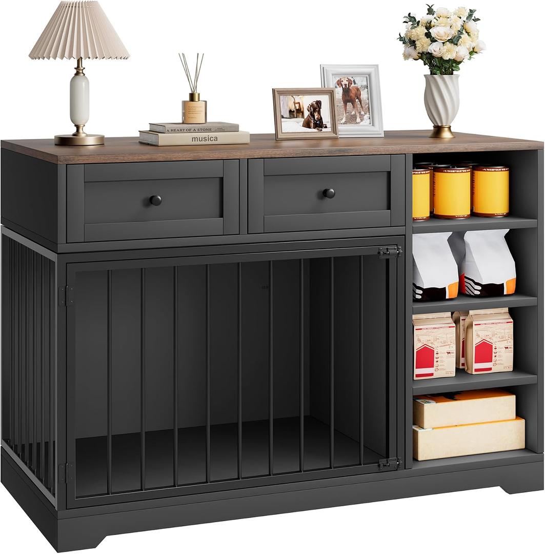 IDEALHOUSE 47 Large Dog Crate, Dog Kennel Indoor with 2 Drawers and 4 Shelves, Dog Crate Furniture TV Stand, Wooden Dog Cage for Medium Large Dogs, Black