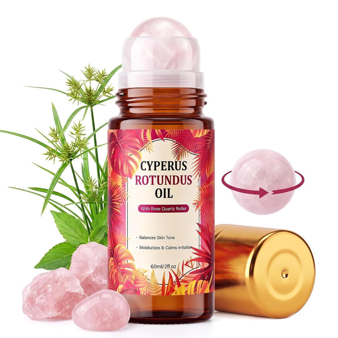 Cyperus Rotundus Oil, Botanical Body Oil Roll On with Rose Quartz Roller Ball, Moisturizing & Nourishing Skin for Armpits, Legs, Arms After Post-Wax, Both for Women and Men, 2FL OZ