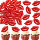 Ercadio 40 Pack Edible Valentines Day Cupcake Toppers Edible Red Lip Cupcake Toppers Valentine Cake Drink Topper for Wedding Theme Bachelorette Party Bride to Be Cake Decoration Supplies
