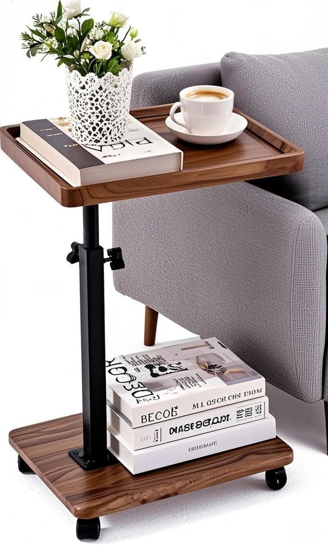 C Table End Table Adjustable Height,C Shaped End for CouchSnack Tables,360Swivel TV Tray Sofa Table,Tables That Slide Under,Coffee SideTable for Bed,Chair,Bath-tub,Outdoor(Walnut Color)