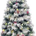 Pre-Lit Artificial Christmas Tree 3ft,Snow Flocked Xmas Pine Tree Decorated with 70 LED Lights,140 Branch Tips,7 Pine Cones,10 Red Berries Christmas Snow Tree for Desktop,Battery Powered (White, Green)