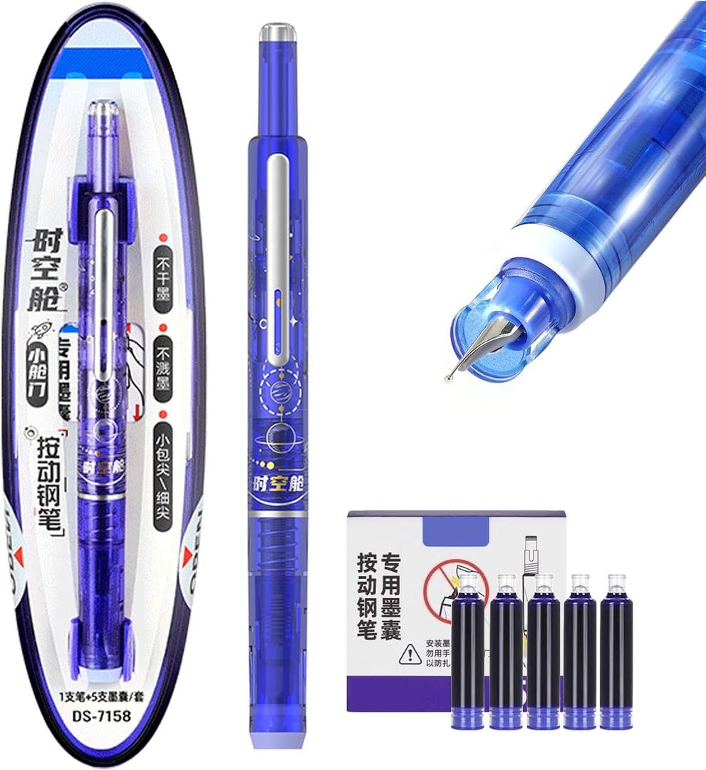 2 x Fountain Pen Retractable: 0.38mm Fine Nib Blue Ink Pens Includes 5 Refillable Ink Cartridges, Transparent Barrel for Smooth Writing No Leaking for Sketching Journaling Calligraphy Gift(Dark Blue)