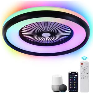 24" Bladeless Ceiling Fan with RGB Light Remote, Smart LED Ceiling Fans with Voice/App Control, Modern Low Profile Dimmable Light Ceiling Fan for Bedroom Living Room Black