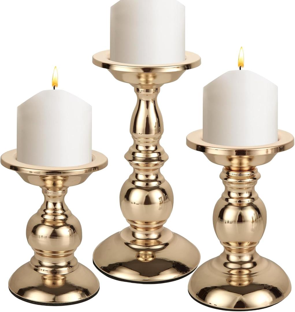 CYEAH 3 Pcs Candle Holders for Pillar Candles, Gold Candlestick Ideal for 3" Pillar Candles, Candlestick Holders Stand Centerpieces Decoration for Wedding, Party, Home, Spa, Reiki, Votive Candle