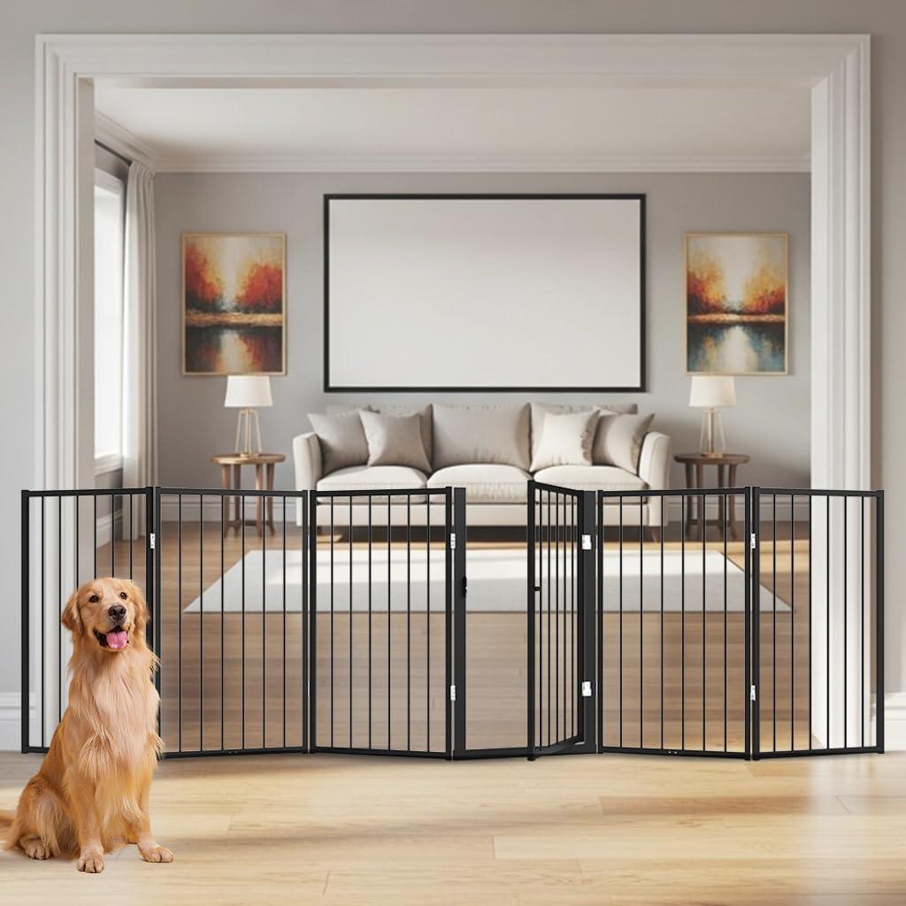 Free Standing Dog Gate with Door,120'' Extra Wide 32'' Tall Metal Dog Gates for Doorways, Foldable Pet Gate Fence Indoor & Outdoor for Stairs,Hallways,Decks,Porch,Yard (6 Panels,Black)