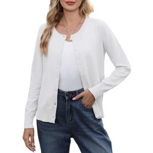 Bettysays Women's Lightweight Button Down Cardigan Casual Long Sleeve Crew Neck Soft Knit Cardigans Sweater (White, XXL)