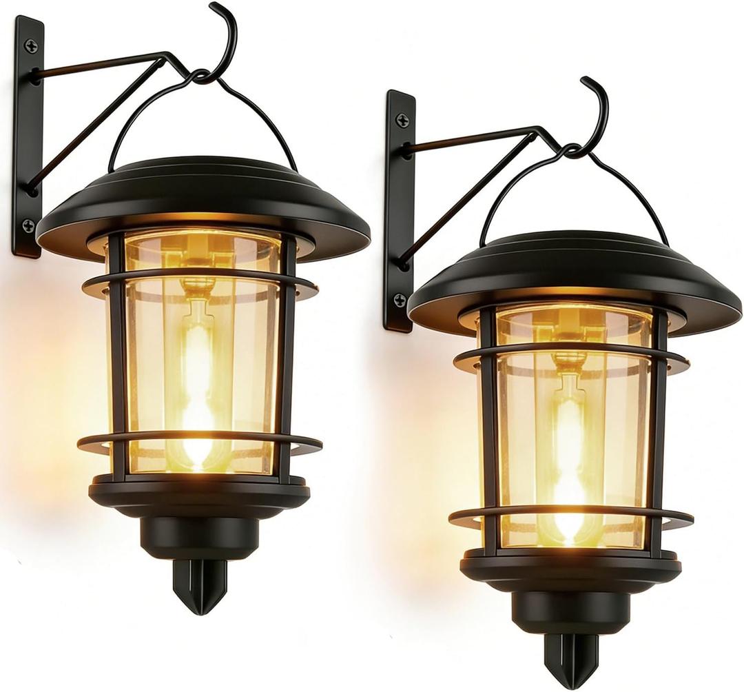 Dynaming 2 Pack Solar Lanterns Outdoor, Hanging Lantern Solar Garden Lights with Edison Bulb, Wall Mounted LED Light Auto On/Off, Waterproof for Garage Stair Patio Front Porch Yard, Warm White