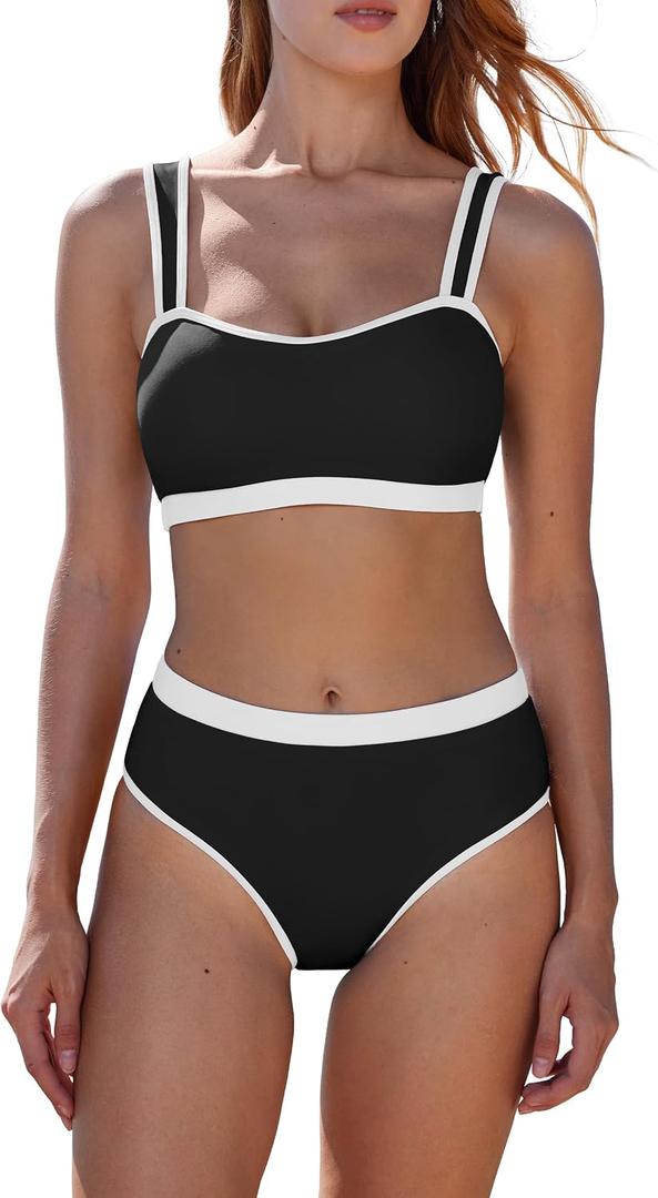 MOOSLOVER Women Bandeau High Waisted Bikini Sets Cheeky High Cut Swimsuit 2 Piece Bathing Suits (Black, S)