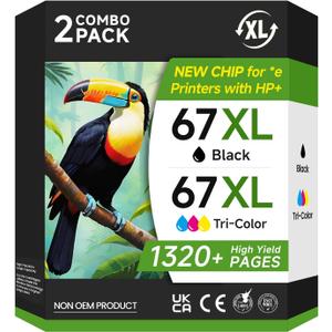 67XL Ink Cartridges Black/Color Combo Pack Compatible for HP Ink 67 67XL Printer Ink for DeskJet 4227e 2855e 2827e 2755e 2700e 2800e 4155e 4255e 2734e 4100 for Envy 6055e 6400 6455e(2 Pack)