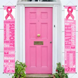 Large Pink Ribbon Party Decoration Breast Cancer Awareness Banner Porch Sign Survivor Gifts Hope Strength Courage Faith Backdrop for Pink Ribbon Breast Cancer Free Party Accessories, 11.8 x 72 Inch