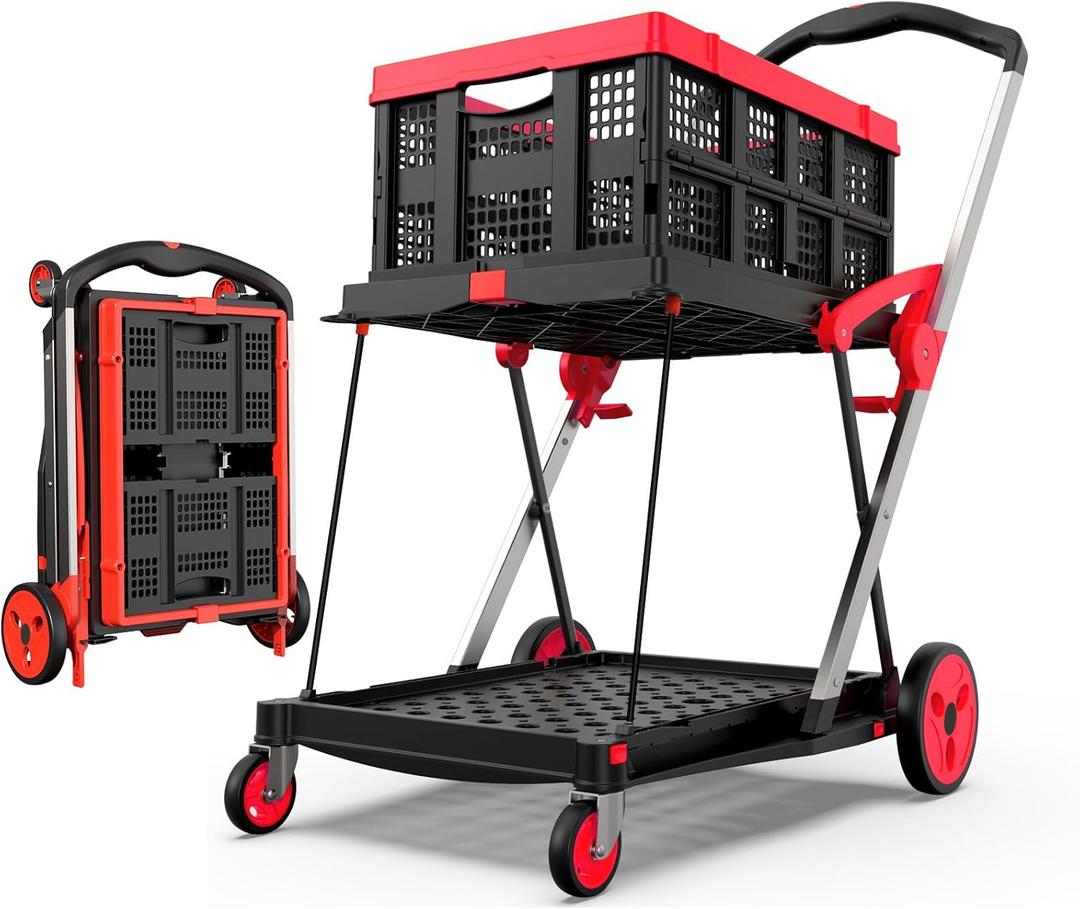 Collapsible Shopping Cart with Wheels, 200 lbs Capacity Grocery Cart on Wheels with Storage Crate, Platform Hand Truck with Foot Brake, Red