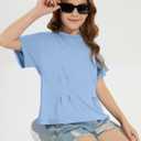 ZDC Girls Pleated Short Sleeve T Shirts Summer Crewneck Tops Casual Cute Basic Tees 5-14 Years Blue
