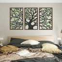 CHDITB Wooden Tree of Life Framed Wall Art(Set of 3, 16"x32"), 3 Panel Rustic Birch Green Leaves Hollow Laser Cut Artwork Decor, Modern Family Tree Wall Sculpture for Living Room Bedroom