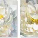 SEVEN WALL ARTS Peony Flower Canvas Wall Art Peonies Floral Pictures Set Abstract White and Yellow Blossom Paintings for Bedroom Living Room Home Office Decor 24"x24"x2pcs