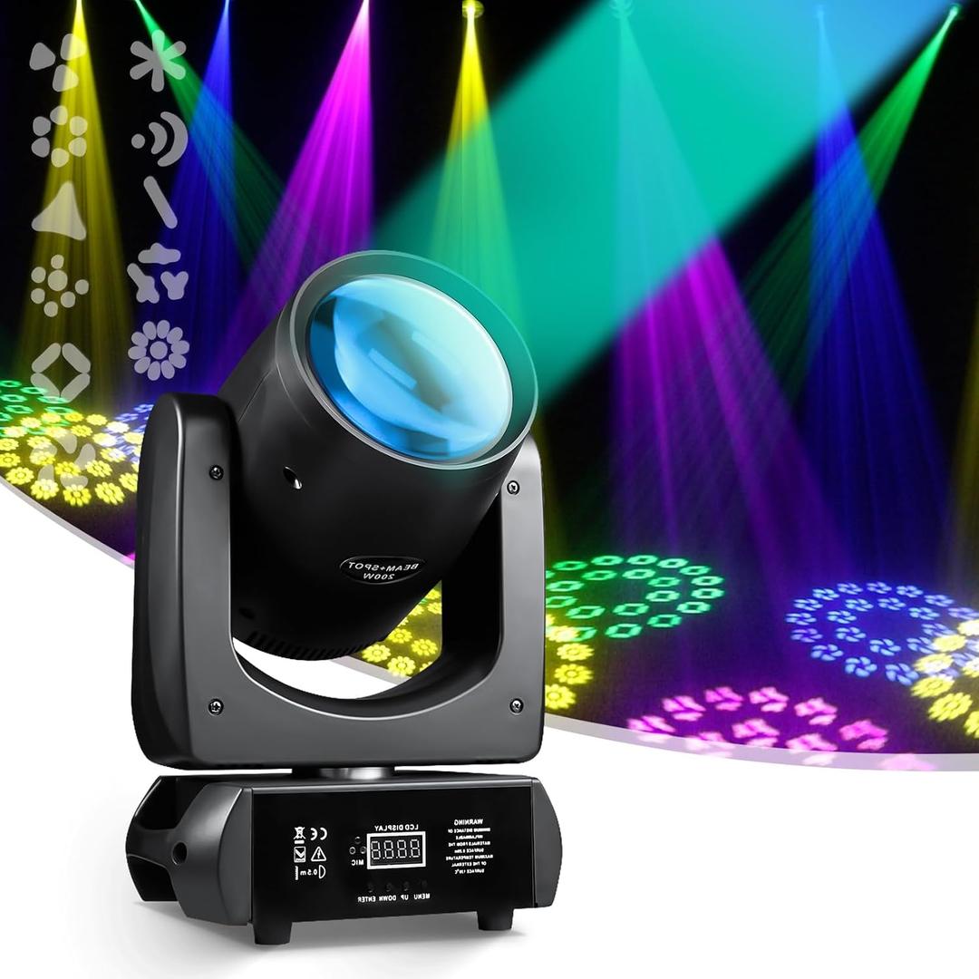 Moving Head DJ Lights 200W LED Stage Light Beam Spot 24 Rotating Prisms 14 Gobos 11Colors with Sound Activated DMX512 DJ Lighting for Wedding Party Show