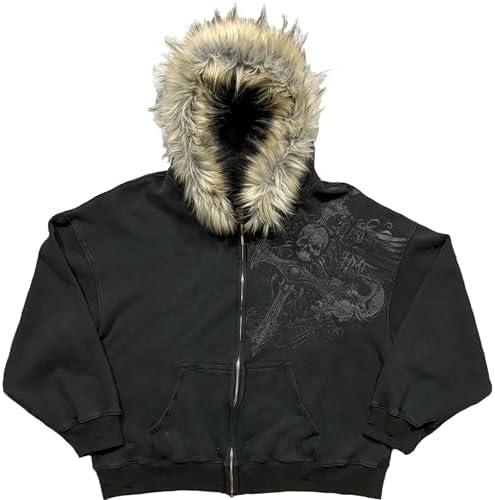 RICHTRUE Therian Fur Hood Jacket Y2k Goth Zip Up Hoodie Oversized Graphic Sweatshirt Emo Grunge Streetwear Fall Winter 2025 (Goth Black, M)
