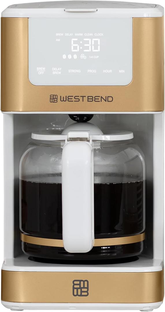 West Bend Timeless 12-Cup Programmable Coffee Maker with Brew Strength Selector for Hot and Iced Coffee, Includes 1-4 Cup Brew Option and Permanent Filter (White/Gold)