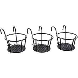 HowRU Iron Art Hanging Baskets Flower Pot Holder - Over The Rail Metal Fence Planters - Pack of 3 - Black