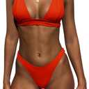 Bathing Suits for Women Deep V Neck Sexy Two Piece Bikini Sets for Women Thong Halter Cheeky Swimsuit (US, Alpha, Small, Regular, Regular, Watermelon Red)