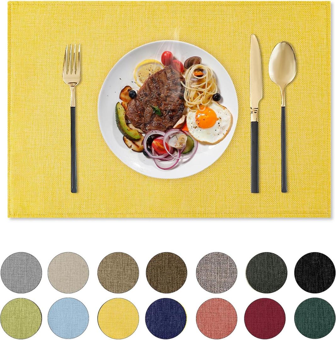 Romanstile Cloth Placemats Set of 6-12 x 18 Inch, Heat Resistant Double Layered Thickened Burlap Place Mats, Washable Faux Linen Farmhouse Table Mats for Kitchen/Dining/Party/Outdoor, Yellow