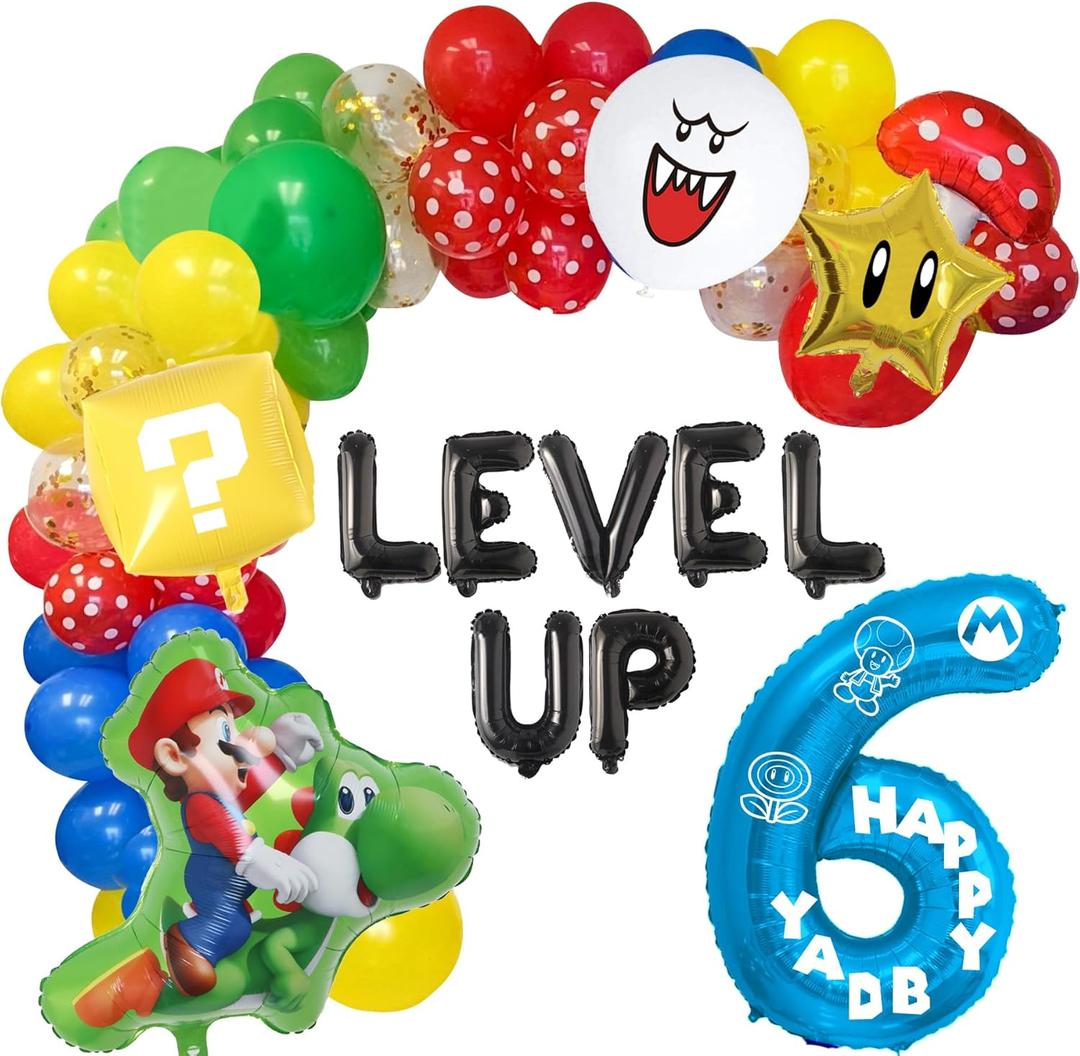 HOMEZZO Video Game 6th Birthday Party Supplies, Level Up Letter Balloons, Boo Balloon, Balloons Arch for Kids 6th Birthday Decorations
