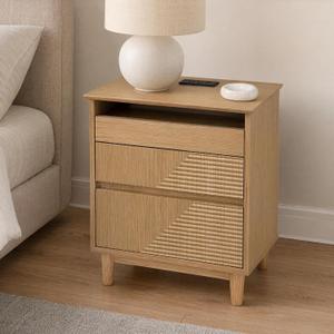 Nightstand with Charging Station, 3 Drawers Fluted Bedside Table, USB Ports Outlets, Mid Century Modern End Table, 1 Small and 2 Large Drawers, Natural Oak 、Walnut Finish (Natural Wood Color)