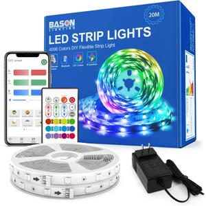 BASON LIGHTING 65.6ft LED Strip Lights, Bluetooth App Control and Remote Control Color Changing Light Strip, SMD 5050 RGB LED Lights for Bedroom, Millions DIY Colors Music Sync for Bar, Party, Room