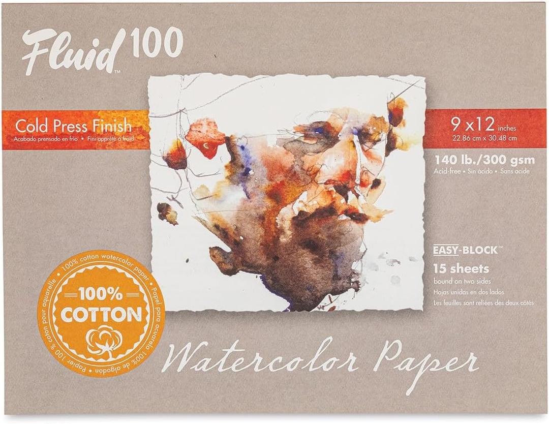 Fluid 100 Watercolor Paper Block, 9 x 12 inches, 15 Sheets, 140 lb (300 GSM) 100% Cotton Cold Press Pad for Artist Painting and Wet Media