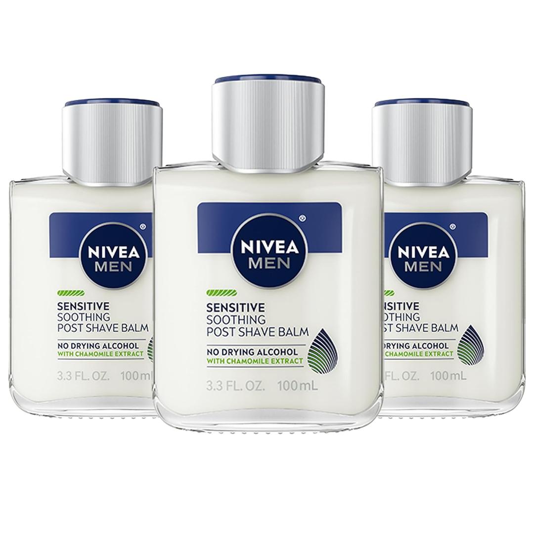 Nivea Men Sensitive Soothing Post Shave Balm with Vitamin E, Pro-Vitamin B5 and Chamomile Extract, Skin Care Gifts for Dad, Alcohol Free After Shave Balm for Men, 3.3 Fl Oz Bottle, Pack of 3