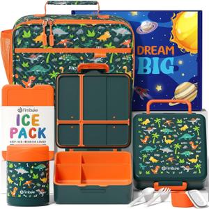 Fimibuke Kids Bento Snack Lunch Box with 4 Compartment, Insulated lunch Bag, Stainless Steel Vacuum Thermos Food Jar, Ice Pack, Utensils Set, Birthday Gift for Age 3-12 Back to School Toddler Girl Boy (A7.Green Dinosaur) Fimibuke Kids Bento Snack Lunch Box with 4 Compartment, Insulated lunch Bag, Stainless Steel Vacuum Thermos Food Jar, Ice Pack, Utensils Set, Birthday Gift for Age 3-12 Back to School Toddler Girl Boy (A7.Green Dinosaur)