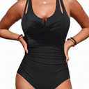 Women Tummy Control One Piece Swimsuits Slimming Push Up Bathing Suit Double Straps Swimwear (Black)