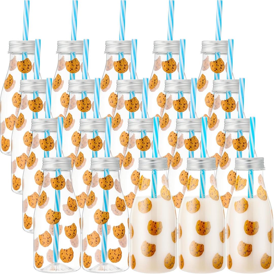 Yungyan 20 Pcs Plastic Cookies Milk Bottles with Straws and Lids Small Clear Milk Jar with Lids Mini Juice Bottles and 300 Sticker Labels for Theme Birthday Party Baby Shower (10 oz)