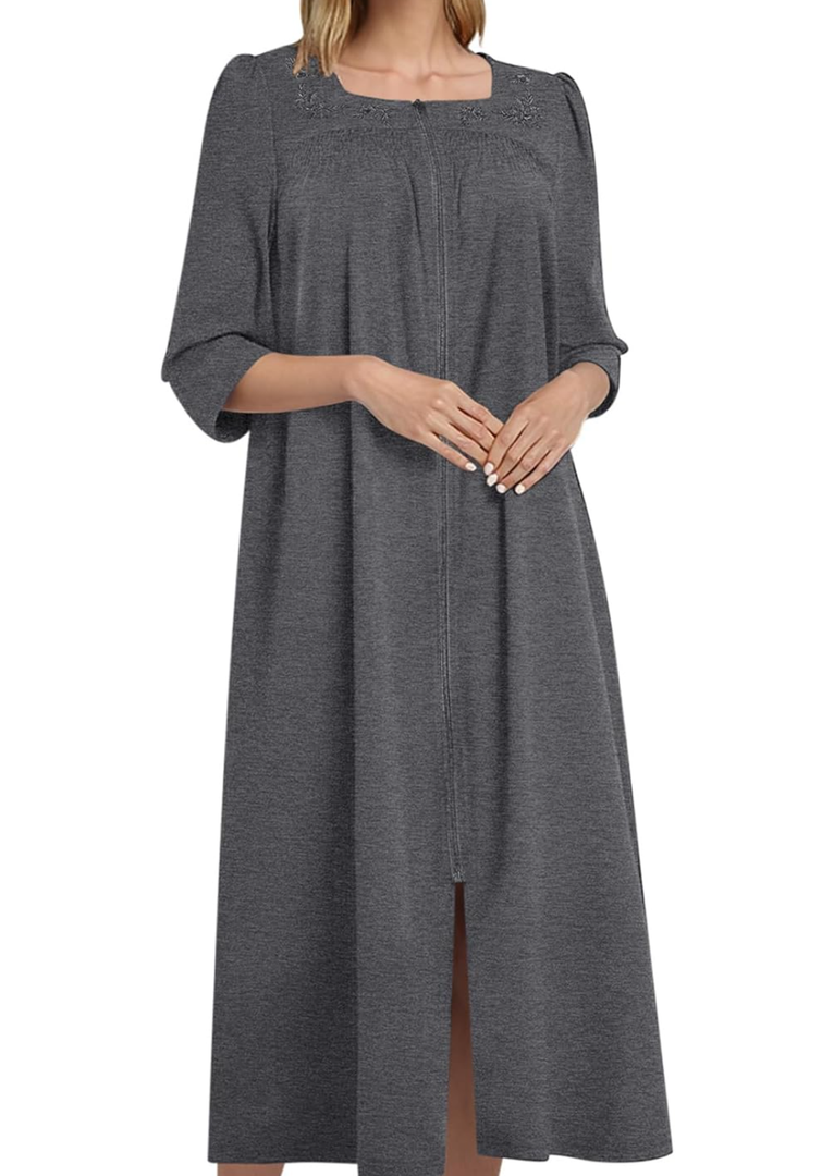 Bloggerlove Women's Zipper Robe 3/4 Sleeves Full Length House Dress Square Neck Housecoat Soft Cotton Nightgown with Pockets 2XL