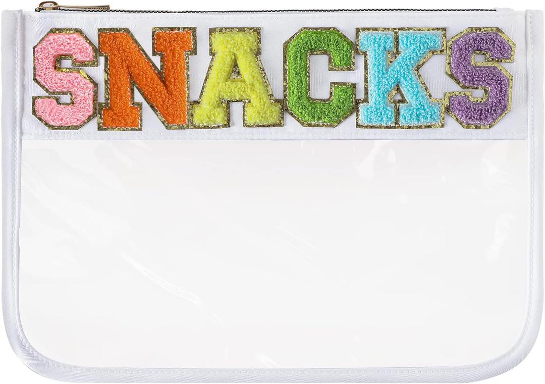 DYSHAYEN Chenille Letter Clear Zipper Pouch for Travel,Nylon Clear Cosmetic Bag,Makeup Travel Bag for Women Girls 11.8 Inches x 8.2 Inches (White-Snacks)