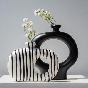Donut Vases Set of 2,Black & White Striped Hollow Ceramic Flower Vases, Modern Nordic Minimalist Round Decorative Vase for Pampas Grass, Dried Flowers, Living Room, Table Centerpiece & Home Decor