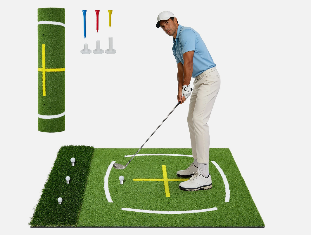 Dual Turf Golf Hitting Mat 5x4 FT Practice Golf Mat w/ Path & Stance Guide Lines