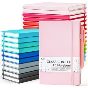 feela 24 Pack Journal Notebook Bulk for Work, Business Notebook Hardcover Lined Writing Journal with Pen Holder for Students Women Note Taking, with 24 Black Pens, 120 GSM, 5.1x8.3, A5, Solid Colors