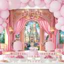 Newsely Princess Castle Garden Backdrop 8Wx6H Photography Pink Palace Curtain Crystal Floral Green Plants Cloud Lamp Sky Cute Background Girly Party Decorations Banner Photo Booth Props Supplies