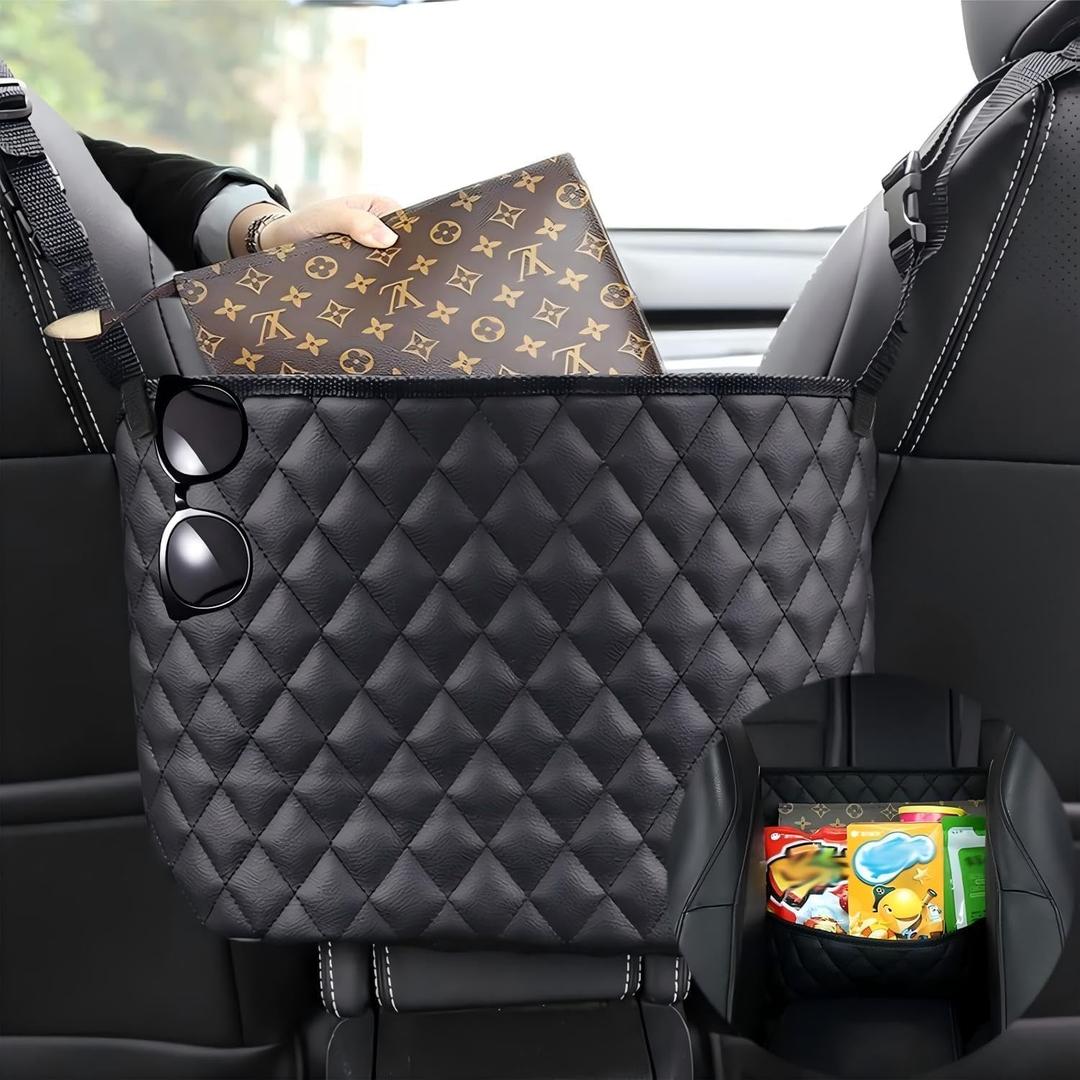 Car Net Pocket Handbag HolderPurse Holder for Between SeatsLeather Seat Back Organizer Mesh Large Capacity BagHandbag Between The Two Seats (Black)
