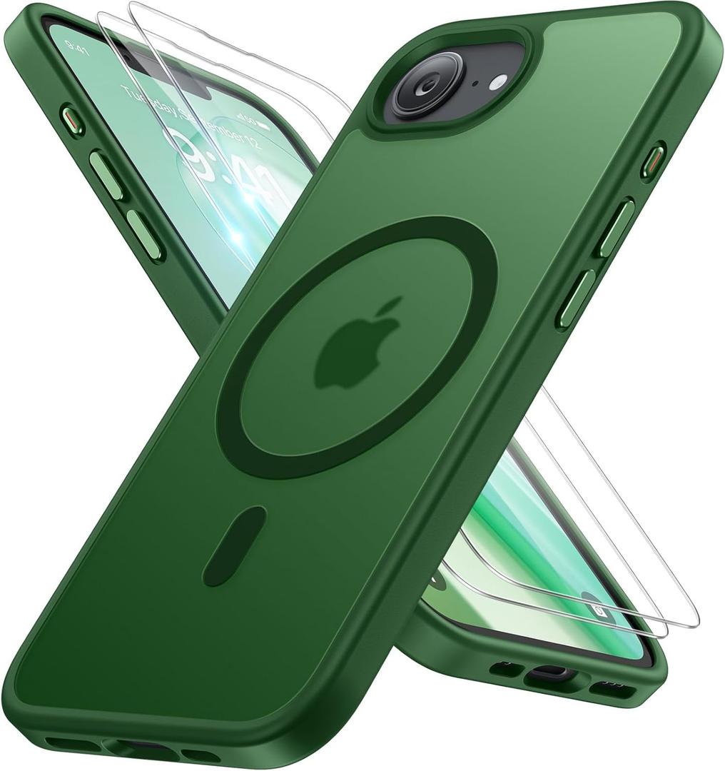 Miracase for iPhone 16e case & iPhone 17e Case for MagSafe [with 29H+ Screen Protectors] TOP Military-Grade Protection Shockproof with Velvet Touch for iPhone 16e/17e Phone Case 6.1", Dark Green