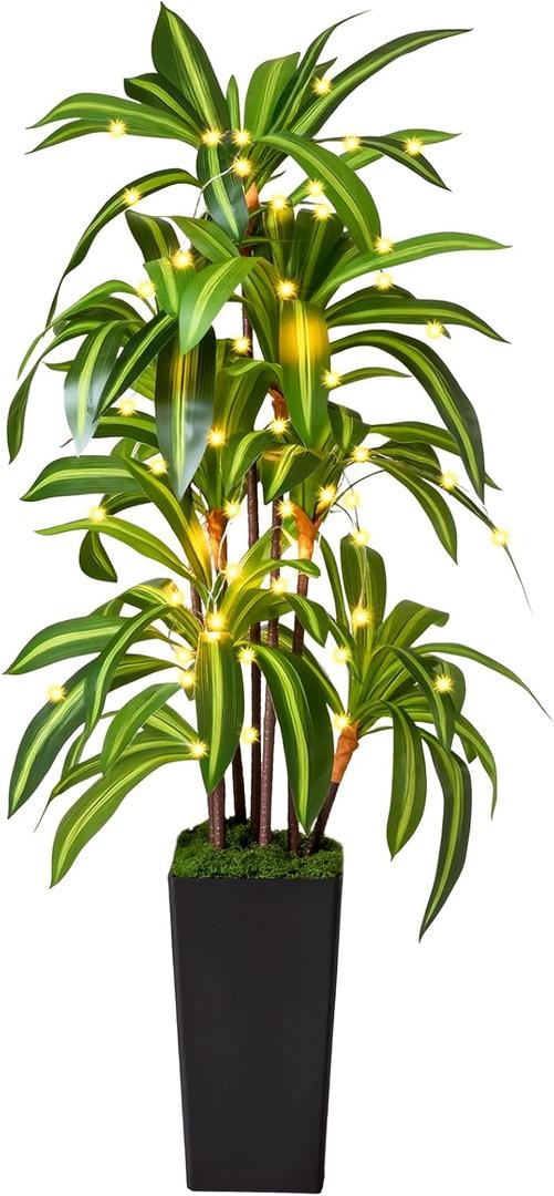 Artificial Dracaena Tree with Lights, 5Ft Fake Plants with Black Tall Planter - Fake Tree Tall Faux Plants Indoor Floor Plant with Moss - Artificial Plants Indoor for Office Living Room Home Decor (58in)